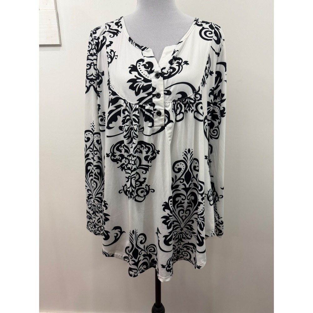 Halife Womens XL Damask Tunic Top Black White Long Sleeve Henley Pleated Blouse